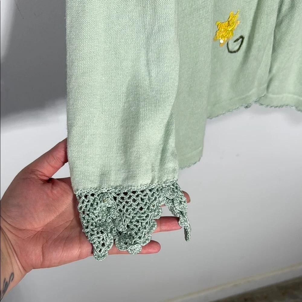 Storybook Knits Pastel Green Cardigan Floral Embroidery Sequins Plus Size 3X - Picture 2 of 12